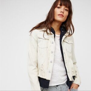 Free People Double Layer Distressed Jean Jacket Small Hood‎ Destroyed Light Wash